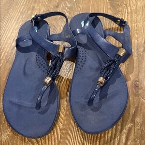 Braided Navy T-Strap Sandals with Gold Accents
